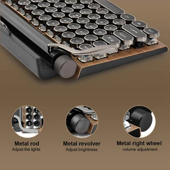 Клавиатура за пишеща машина в ретро стил, безжична клавиатура с Bluetooth, USB, механични шапки в стил пънк за настолни/преносими компютри/телефони-цвят дърво