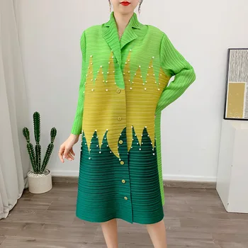 YUDX Miyake Плиссированное палто с модерен принтом и жемчужными ревери 2023, Пролет-лято, Нова пола с вятъра, Зелено женствена рокля голям размер