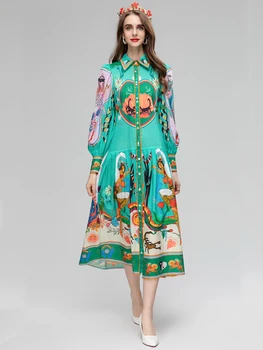 Модерни есенни женствена рокля от 100% памук с отложным яка, однобортное рокля Миди с принтом, колан на талията, дебнещ