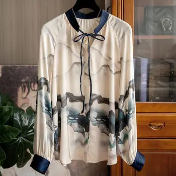 Модерен дамски блуза 2023 С чернильным принтом, Тениска с V-образно деколте и дантела, Женска риза с дълъг ръкав