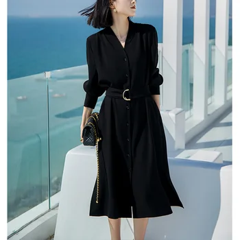 Нов стил 2023 г., пролетно-лятно дамско черно ацетатное рокля от висок клас