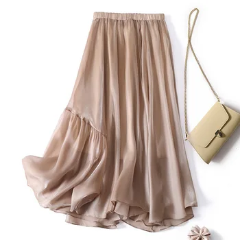 Нова плиссированная пола с висока талия, Нередовен подгъва, дамски Дълга пола трапецовидна форма, дамска мода