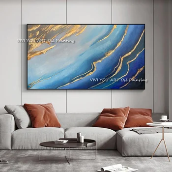 Сини морски вълни, съвременната абстрактна живопис с маслени бои върху платно, Ръчно рисувани, Стенно изкуство, Златна картина за хола Quadros Decor