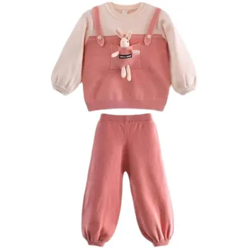 Дрехи за малките момичета, пролетта и есента модерен детски костюм, детски монофонични топ с медвежонком + спортни панталони, детски костюм-двойка от 1 до 7 години