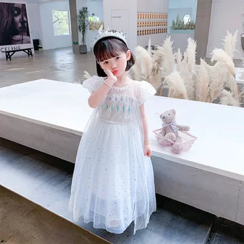 Пола принцесата сняг и лед Айши, лятна новост 2022 г., Елза за момичета, къса рокля с наклон под формата на ръкавите на рождения ден на Frozen, 2-8 години