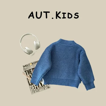 Пуловер за момичета, вълна палто, детски блузи, плетиво, 2023, синя, плътна, топла зима-есен, пуловер от памук за деца, детски дрехи