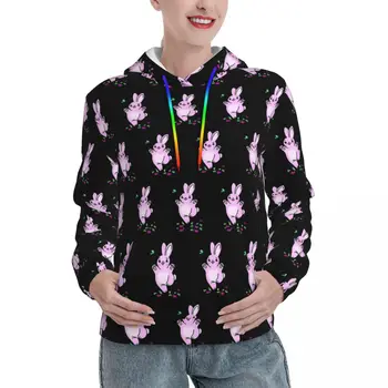 Свободни горнища с розов заек, двойка горната дреха, с забавен заек, блузи с качулка на есенния естетичен дизайн голям размер