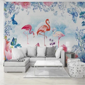 Ръчно Рисувани Тропически Растения Цвете, Фламинго Тапети За Хола Тапети По Поръчка За Дома Рисувани Стенни Декор Спални
