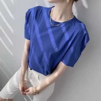 Дамски шик обикновена Ежедневни Летни тениски 2021, Нови модни блузи с ръкави-мехурчета, Корейски Женски свободни памучни тениски, градинска облекло