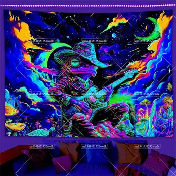 Забавна космическа Жаба Гъби Blacklight Гоблен с UV-реакция на Вселената Декор на черно светлина Светят в тъмното Гоблени по стените