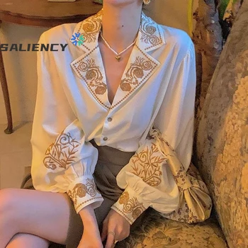 Реколта Коприна Риза Дамски Пролетно-Есенна Блуза В Придворном стил с дълги ръкави-фенерчета