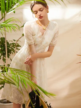 Френското рокля с бродерия на тежката промишленост за жени 2023, Нова лятна Бяла пола-фея с пузырчатым ръкав