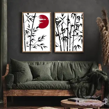 Акварел плакат в китайски стил, Червено Изгряващото слънце, Черен бамбук лист, платно картина на природата, художествена картина на стената за стая