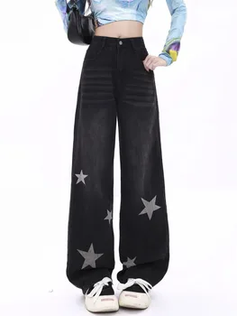 Черни дънки в стил ретро, дамски широки дънкови панталони с пънк-готически винтажным принтом, дамски панталони Градинска облекло