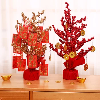 Китайски Коледен Орнамент Дърво Късмет Креативна Изкуствена Ваза с Червени Плодове за Украса на Паричния Дърво в Китайски Стил Домашен Настолен декор