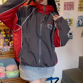Y2K Sanrio Здравей Kitt Реколта яке-ветровка Дамски Градинска облекло в стил хип-хоп, Корейската мода, якета-бомберы джоб с бродерия на пистата