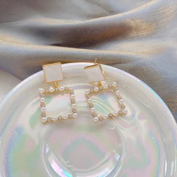 Геометрични Квадратни обеци с перли за жени, Корейски обеци с кристали, Бижута сватба, на Едро, в Подарък
