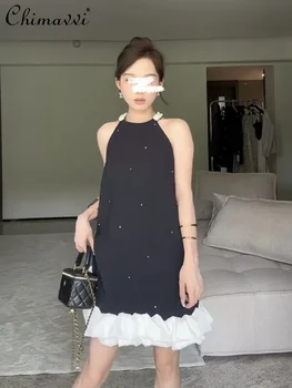 Висококачествено лятото ново модно черна рокля-комбинация с кристали и перли, свободно секси елегантна рокля без ръкави трапецовидна форма за жени