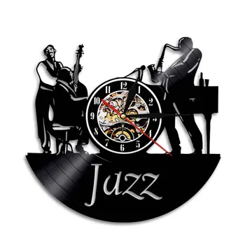 Тема джаз музика Стенно художествено оформяне на Стенни часовници с Модерен дизайн на Домашен интериор Винил часове с регистриране на времето Подарък за любител на джаза