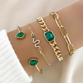 1 Комплект пури в ограничени бройки гривни-змии от зелен кристал за жени, модни луксозни гривни-маншети златен цвят с геометричен дизайн, бижута, подаръци