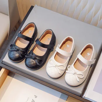 Нови кожени обувки за момичета Mary Janes с кръгла пръсти, на равна подметка за деца, детски модела обувки в бежов и черен цвят за деца, гъвкави тънки обувки