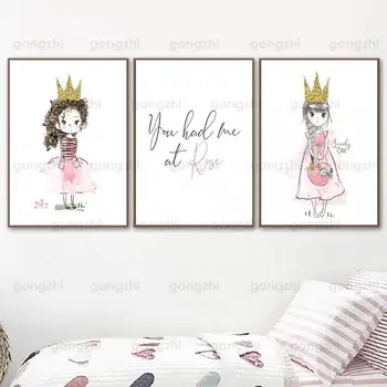 Модерен Карикатура Платно Картина Розова рокля на Принцеса Английски Думи Хол, Детска Спалня Декор на стените Модерен Печатни плакат