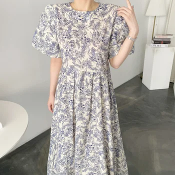 Лятото на Корейското Свободното си дълга рокля с флорални принтом, модни реколта вечерни рокли с джобове, красива рокля с волани по късия ръкав 27302