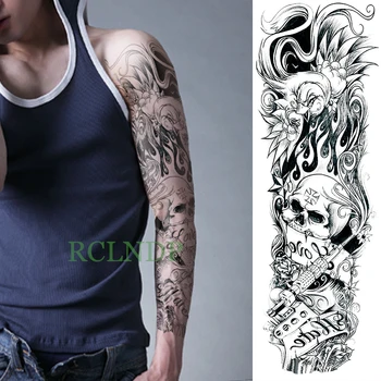 Водоустойчив временна татуировка на цялата ръка, голям размер, череп, адски татуировка, флаш татуировка, фалшиви татуировки за мъже и жени