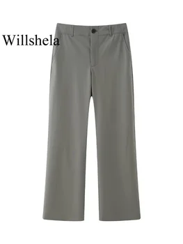Willshela Дамски модни Армейските Зелени прави панталони с ципове Отпред Реколта женски Шикозни панталони пълна дължина с висока талия