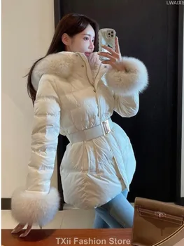 2023 Зимни дамски модни къси якета с яка от лисьего кожа, палто с качулка, дамски връхни дрехи от 90% бял патешко пух.