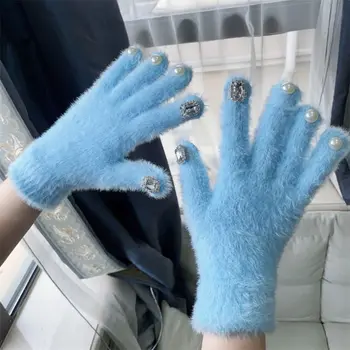 Перлени плюшени възли ръкавици за нокти, красива декорация от планински кристал, Зимни с кадифени ръкавици, топли вълнени Пухкави ръкавици на открито
