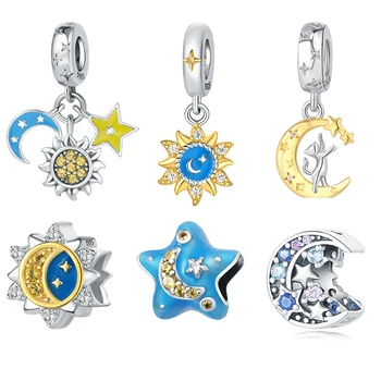 Нов Стил 925 Сребро, цветни мъниста с отложено във формата на Слънце, Луна, Звезди За оригинални гривни Пандора, Талисмани, подаръци за жени