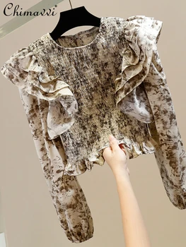 Скъпа Плиссированная 3D риза в стил мозайка с волани, пуловер, Приталенная Къса блуза с цветен модел, женски приталенные Универсални дамски блузи
