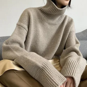 2023 Есен/зима, Новата Европейска топ с високо воротом, Женски свободен пуловер, вязаный вълнен пуловер с удебелени подплата, пуловер