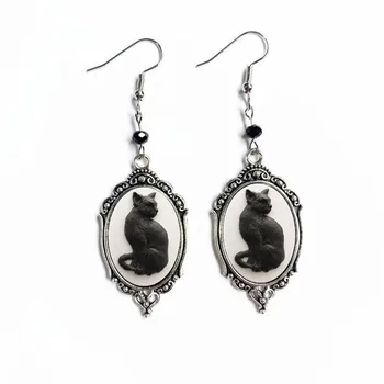 Реколта Черна котка, сребърна рамка за снимка, висящи обеци за жените, готически черни мъниста, Персонални обеци, творчески украси за партита