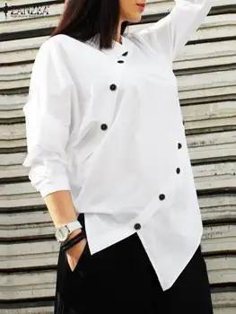 ZANZEA Модерна риза с Асиметрично подолом, Дамски Ежедневни Градинска блуза с дълъг ръкав, 2023, Есенни и Шикозни Блузи с копчета, Femme