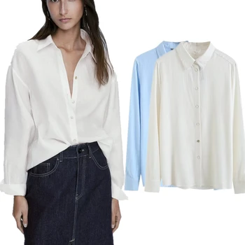 Увядшая есенна мода дамска риза с дълги ръкави French 2023 Проста памучен бельо текстура Удобна ежедневна блуза, Дамски блузи