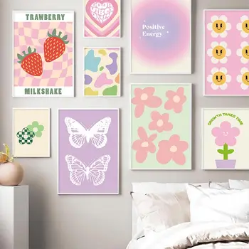 Датски пастелно плакат, Эстетичная цветна картина върху платно, Преливащи Виолетово-зелено Сърце, Пеперуда, Цвете, монтиран на стената арт принт, интериор на спалня