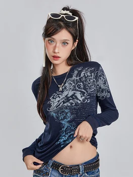 Дамски блузи с дълъг ръкав Y2K от Nvzhuang, эстетичная тениска с кръгло деколте, готическата тениска, реколта приталенная блуза на 90-те години, градинска облекло