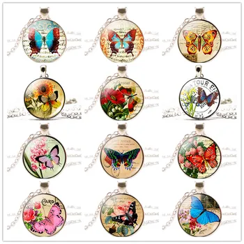 Списание пеперуди, Ретро стъклена висулка, Винтажное колие с пеперуди и цветя, бижута аксесоар с пеперуди, подарък за момичета