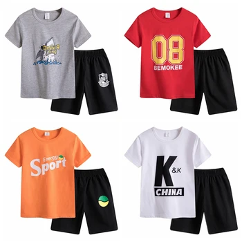 Летни комплекти дрехи за момчета-Детски ризи с къс ръкав + шорти, брючный костюм, Ежедневни младежки спортни облекла, детски спортни костюми