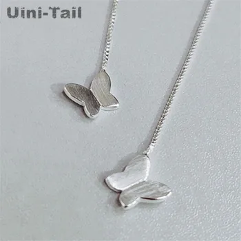 Uini-Tail горещо предложение, тибетское сребро 925 проба, дълги обеци със сладък матирана пеперуда, лесен темперамент, мода, сърцето, високо качество