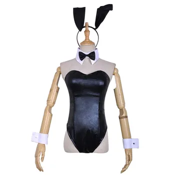 Секси боди, жената, едно парче черен гащеризон от изкуствена кожа, момиче-зайче Сакурадзима Май, костюм за cosplay на Хелоуин