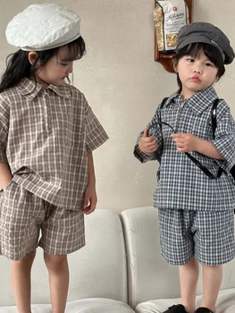 Детски летен комплект свободно намаляване за момичета и момчета, Ежедневни Корейски дрехи в клетка с къс ръкав 2023, Нова детски дрехи