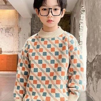 Вълнен пуловер за момчета, вязаный на една кука, памучен ветровка 2023 Classic Plus, утепленная есенно-зимни връхни дрехи, училищни топло детски дрехи