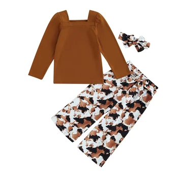 Есенна дрехи за малките момичета от 4 елементи, плочи с квадратна деколте и дълги ръкави, Панталони с шарени крави, пояс, превръзка на главата.