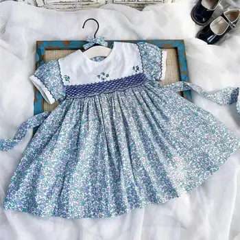 Бебешка рокля с цветен модел, сини реколта рокли за момичета, дрехи ръчна изработка за малки принцеси, рокли с бродерии за момиченца от 1 до 6 години