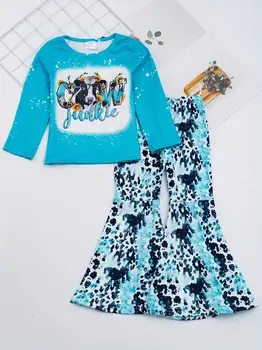 Есенен пуловер с дълги ръкави и цветя модел Girlymax за момичета синьо, комплект детски дрехи + панталони с краве принтом, комплект детски дрехи
