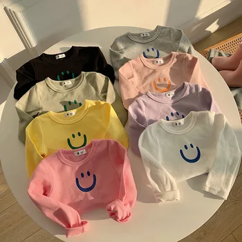 Детска долната риза с пискюли за момчета и момичета Корейската версия на тениски с дълги ръкави за отслабване с улыбающимся лице, детска утепленная топло