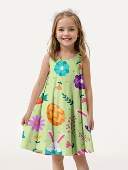 Сладка принцеса рокля за момичета с 3D-принтом под формата на различни цветни сърца, без ръкави и ежедневни лятна великден облекло